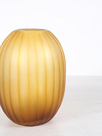 Lavanya Brown Carved Glass Round Vase Ribbed Low