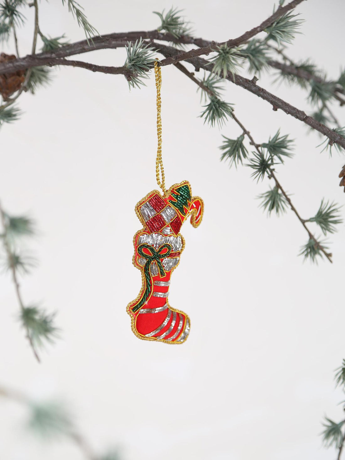Santian Red fabric Beaded Stocking Ornament