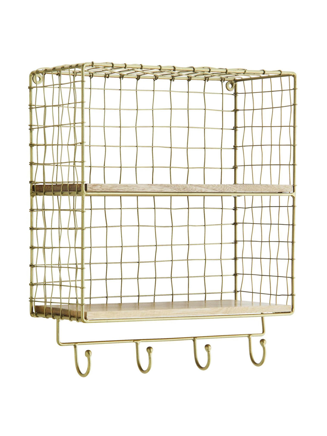 iron wall shelf with hooks - antique brass