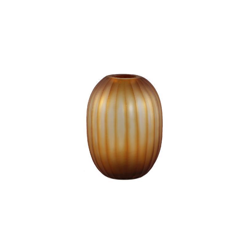 Lavanya Brown Carved Glass Round Vase Ribbed Low