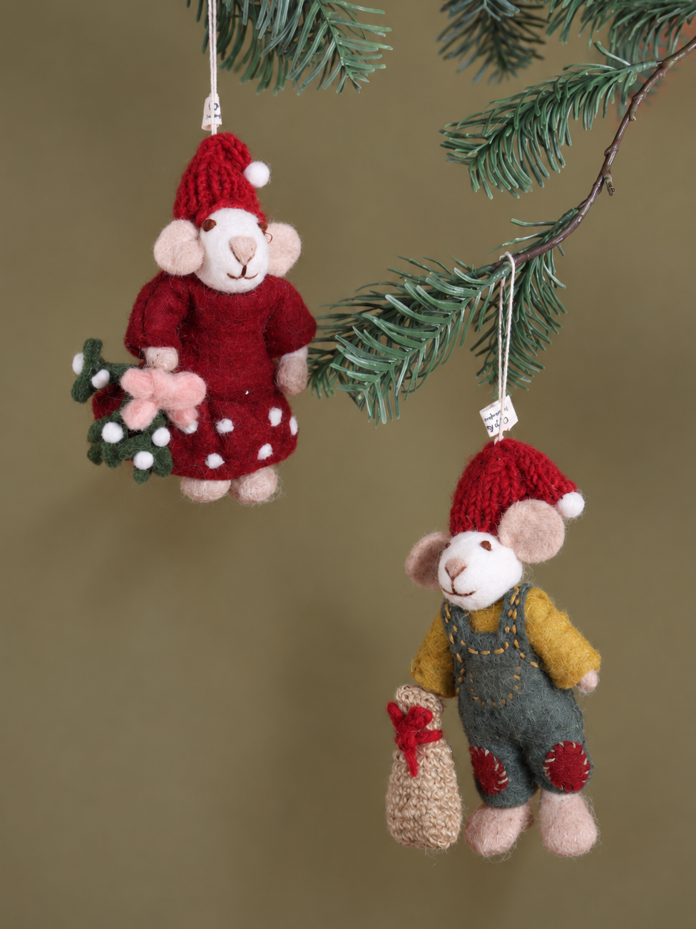 Wilf &amp; Winnie - Handcrafted Felt Mouse Hanging Decorations