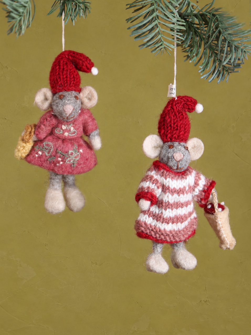 Maggie &amp; Myrtle - Handcrafted Felt Mouse Hanging Decorations