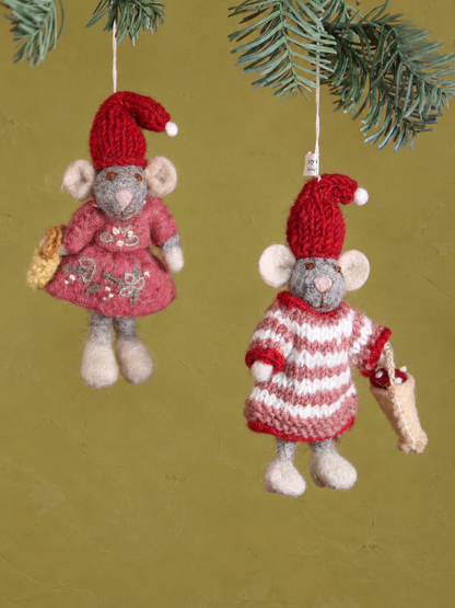 Maggie &amp; Myrtle - Handcrafted Felt Mouse Hanging Decorations