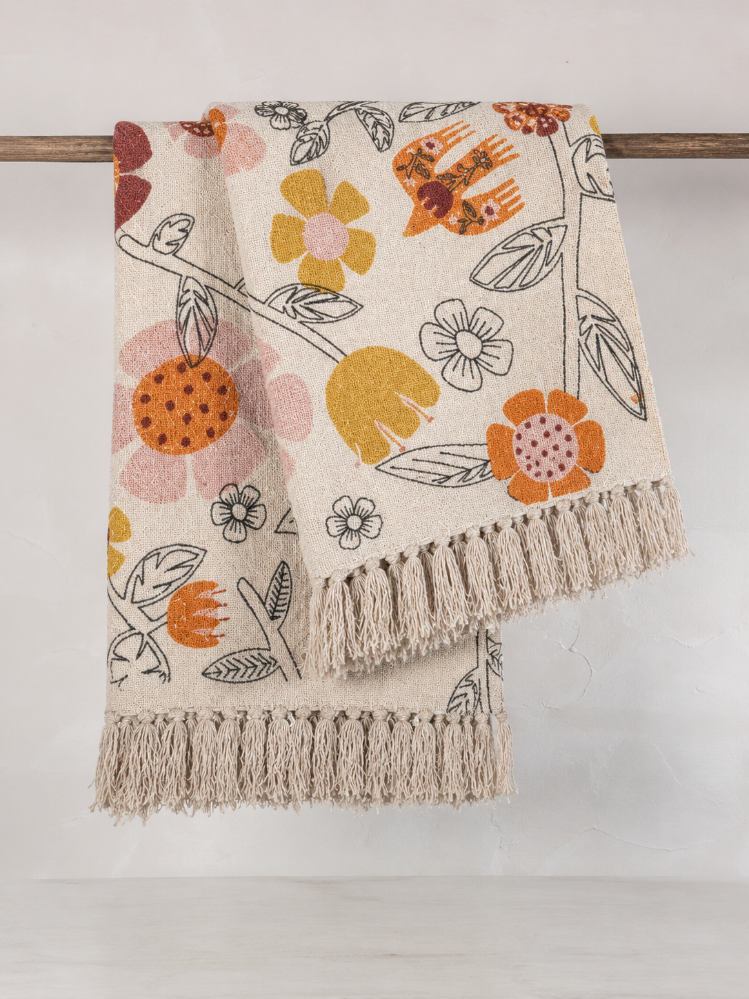 Vivielle Throw - Floral Block Print - Recycled Cotton - Cream Tones