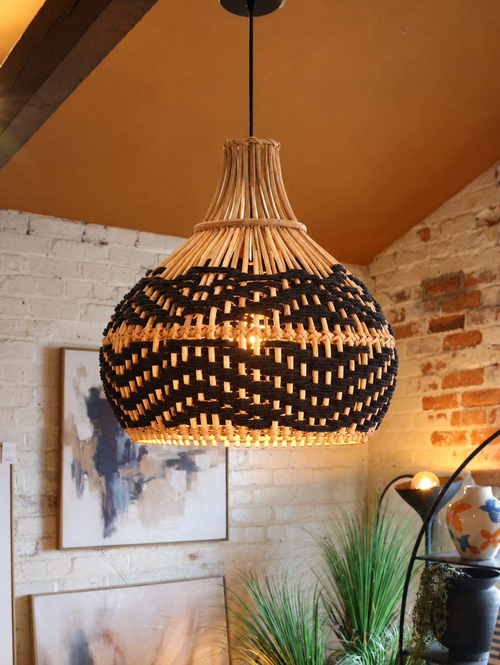 Bamboo Lamp Shade - Woven Black Cotton