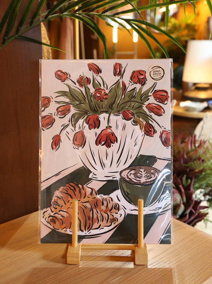 Coffee, croissants and tulips Art Print