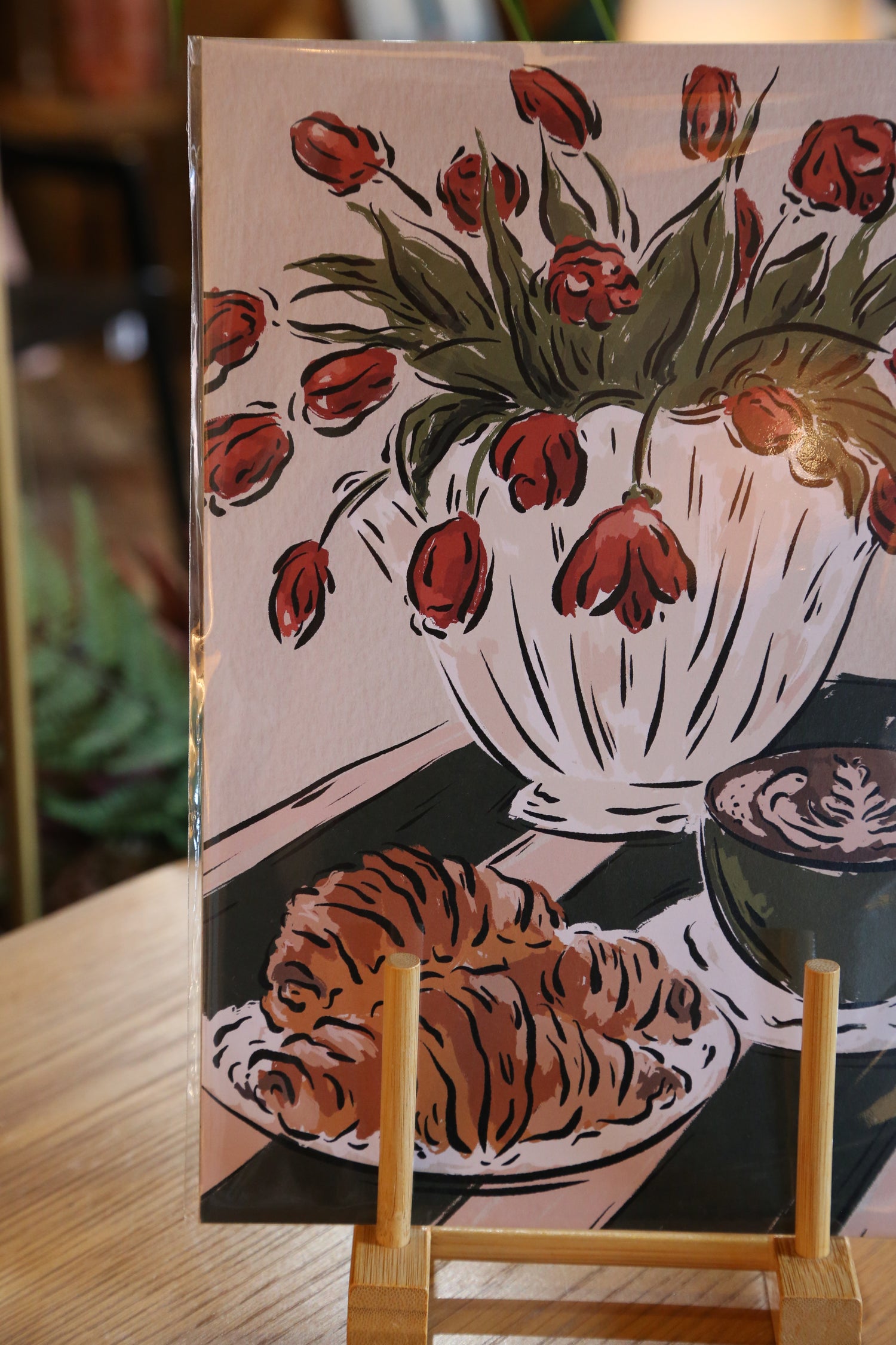 Coffee, croissants and tulips Art Print