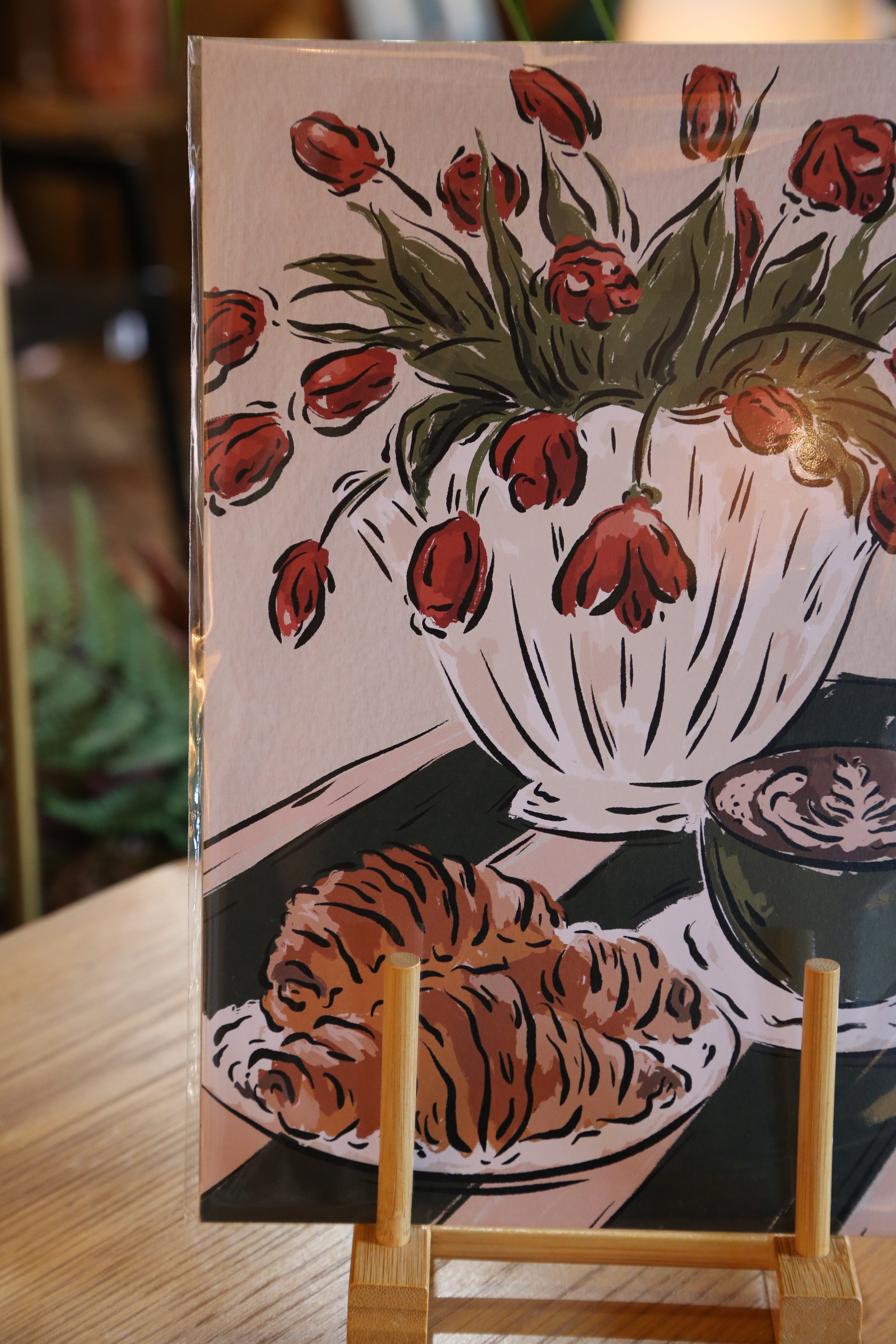 Coffee, croissants and tulips Art Print