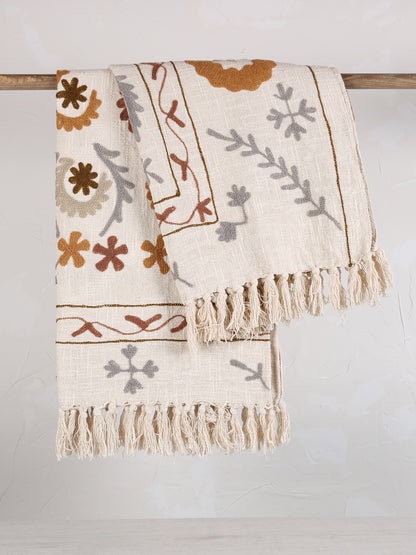 Suzani Floral embroidered throw - Off White, Tobacco