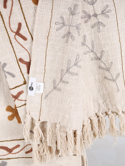 Suzani Floral embroidered throw - Off White, Tobacco