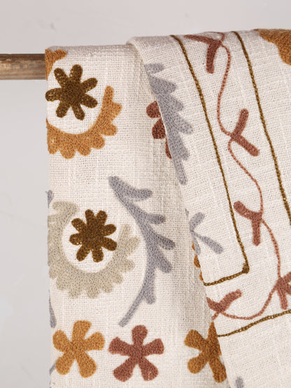 Suzani Floral embroidered throw - Off White, Tobacco