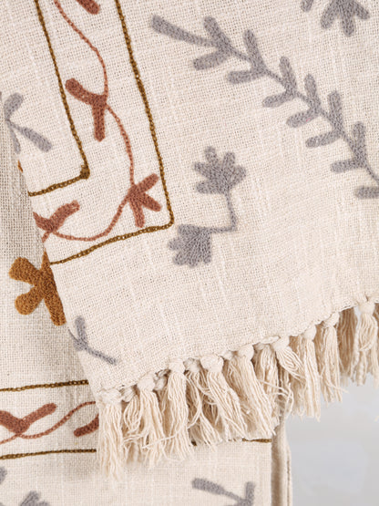 Suzani Floral embroidered throw - Off White, Tobacco