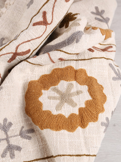 Suzani Floral embroidered throw - Off White, Tobacco
