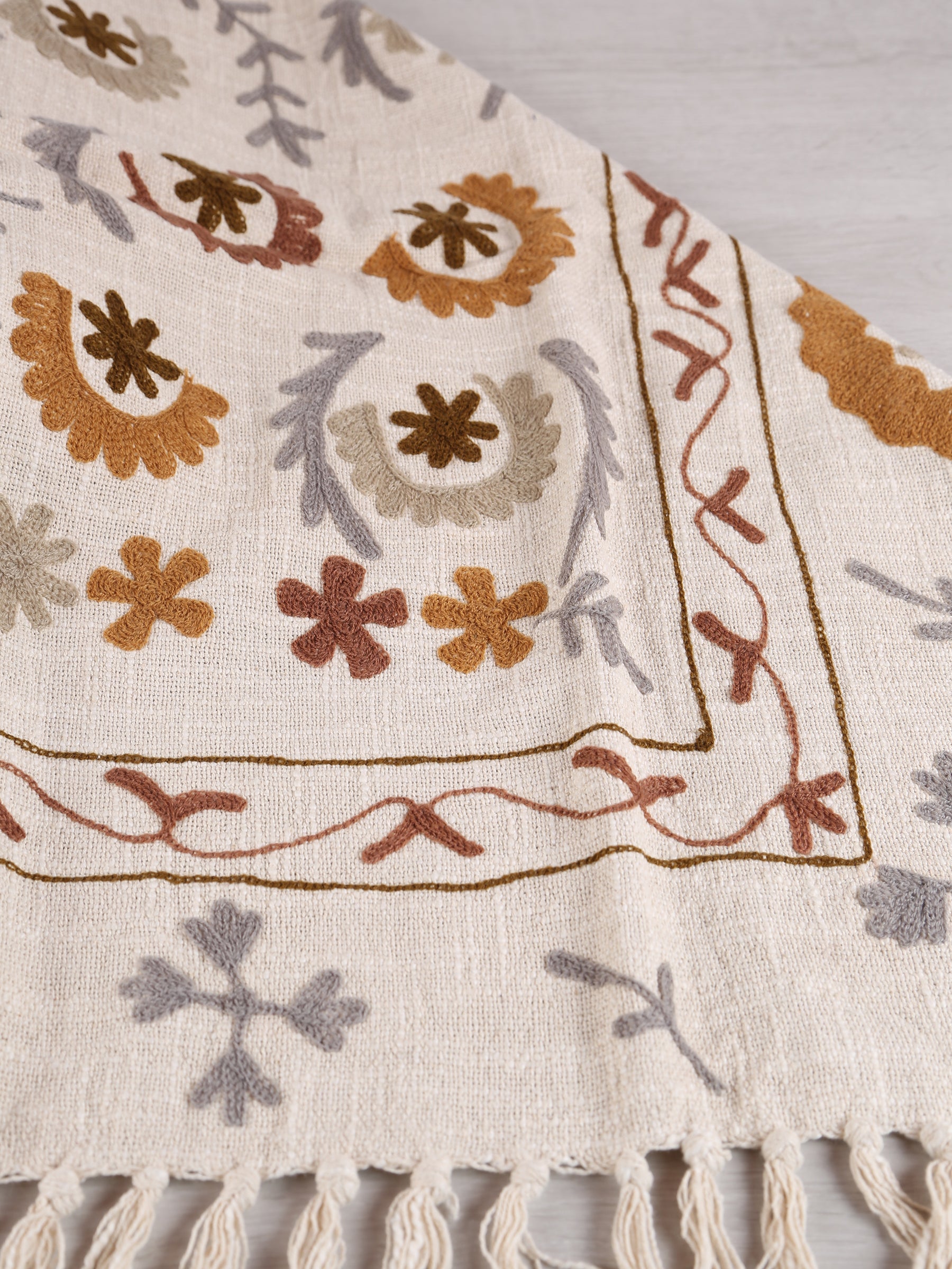 Suzani Floral embroidered throw - Off White, Tobacco