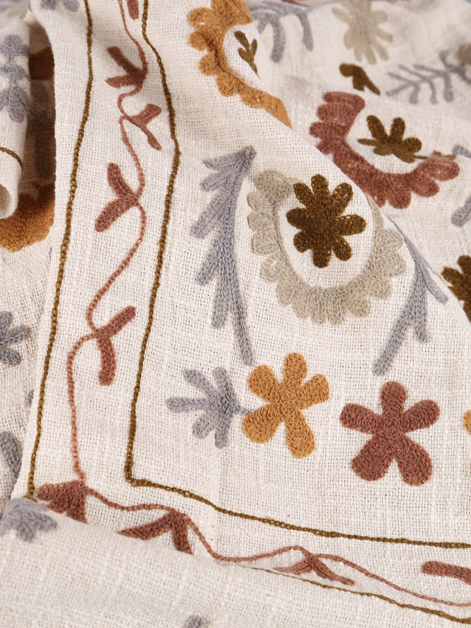 Suzani Floral embroidered throw - Off White, Tobacco