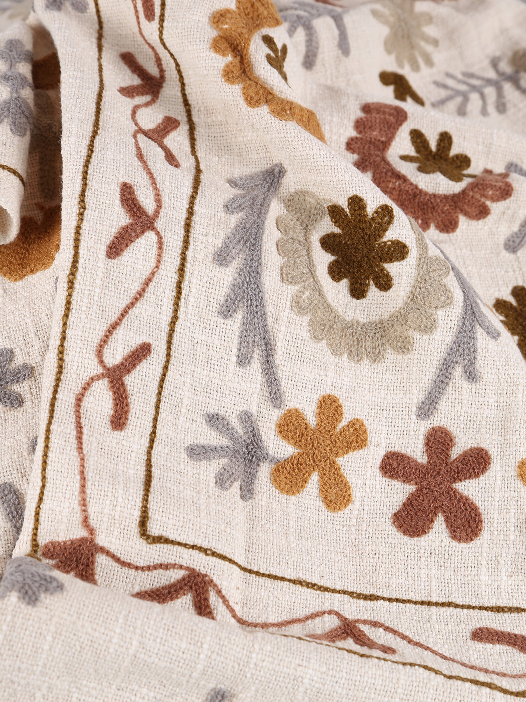 Suzani Floral embroidered throw - Off White, Tobacco