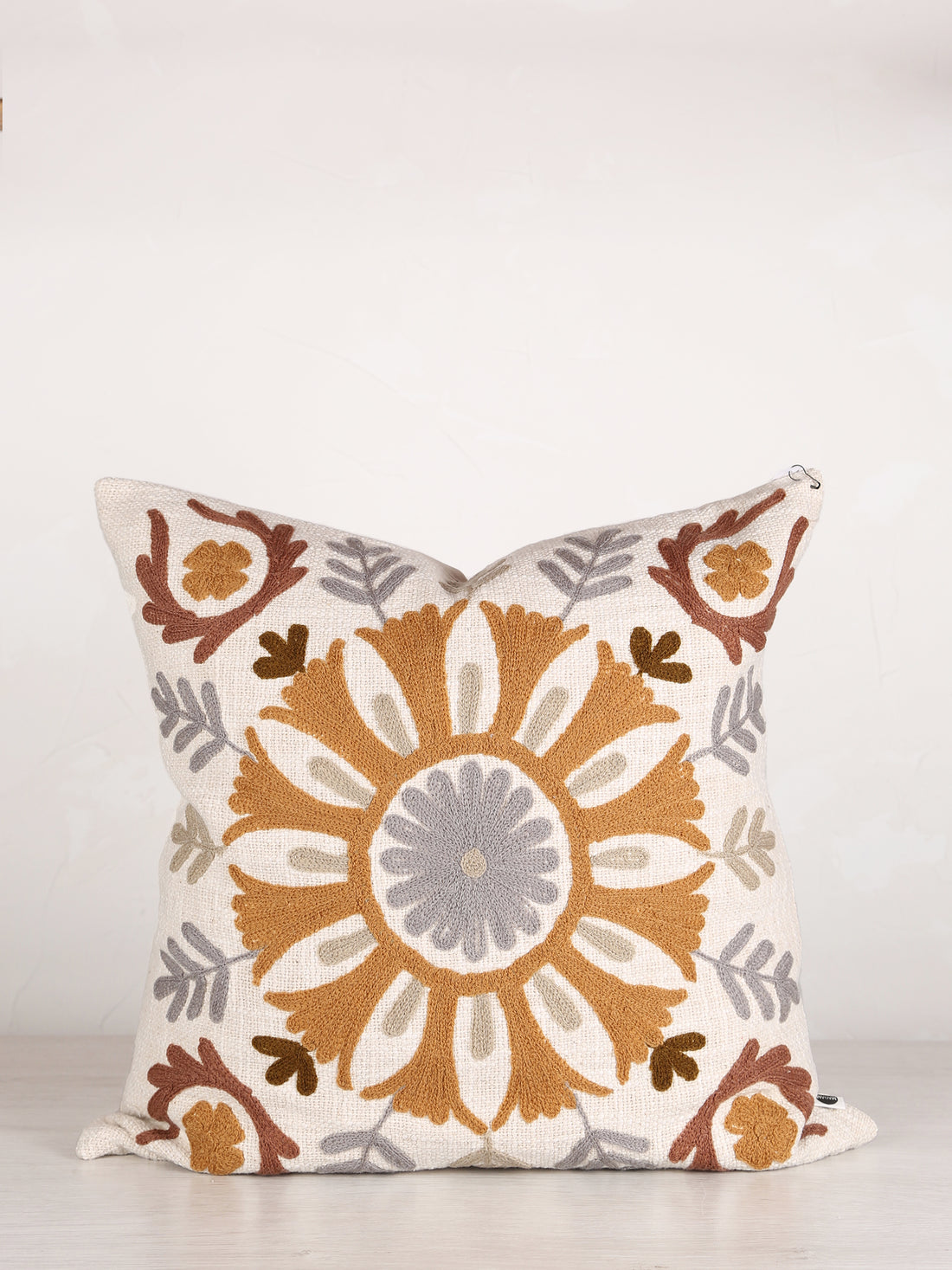 Suzani Floral embroidered cushion - Off White Tobacco - 45x45cm