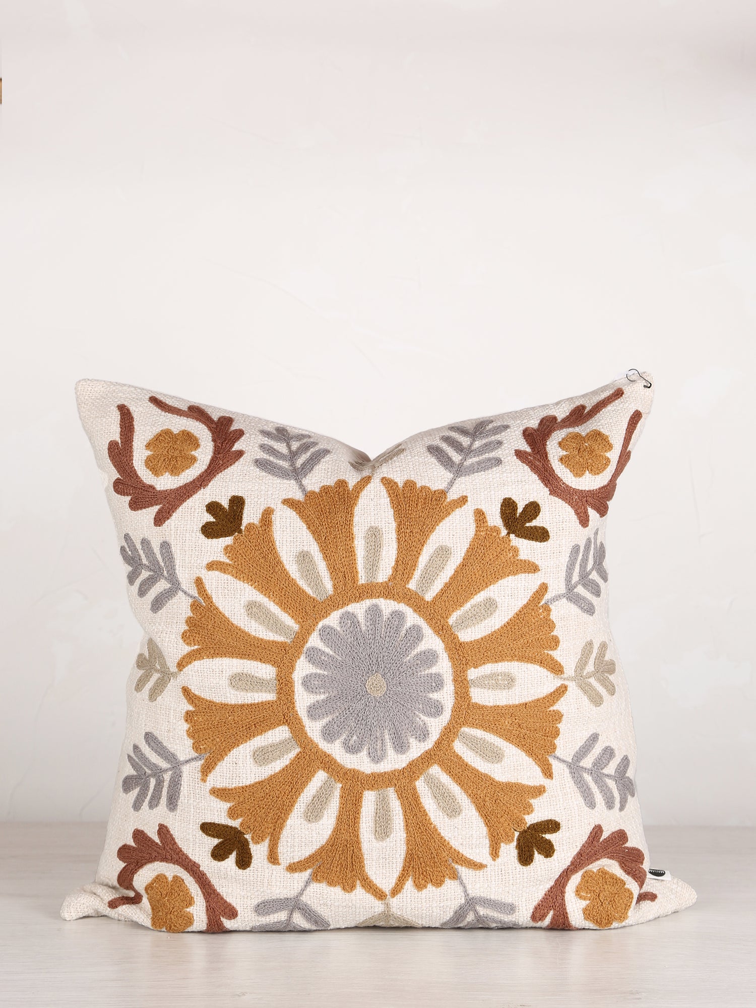 Suzani Floral embroidered cushion - Off White Tobacco - 45x45cm