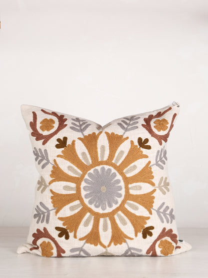 Suzani Floral embroidered cushion - Off White Tobacco - 45x45cm