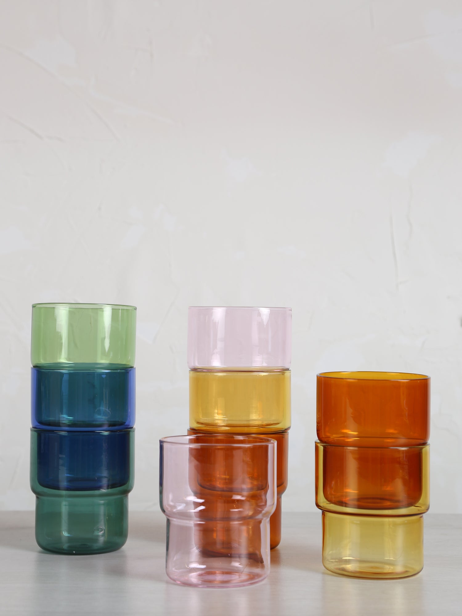 Coloured Drinking Glasses - Set Of 6 - Pink, Amber, Yellow