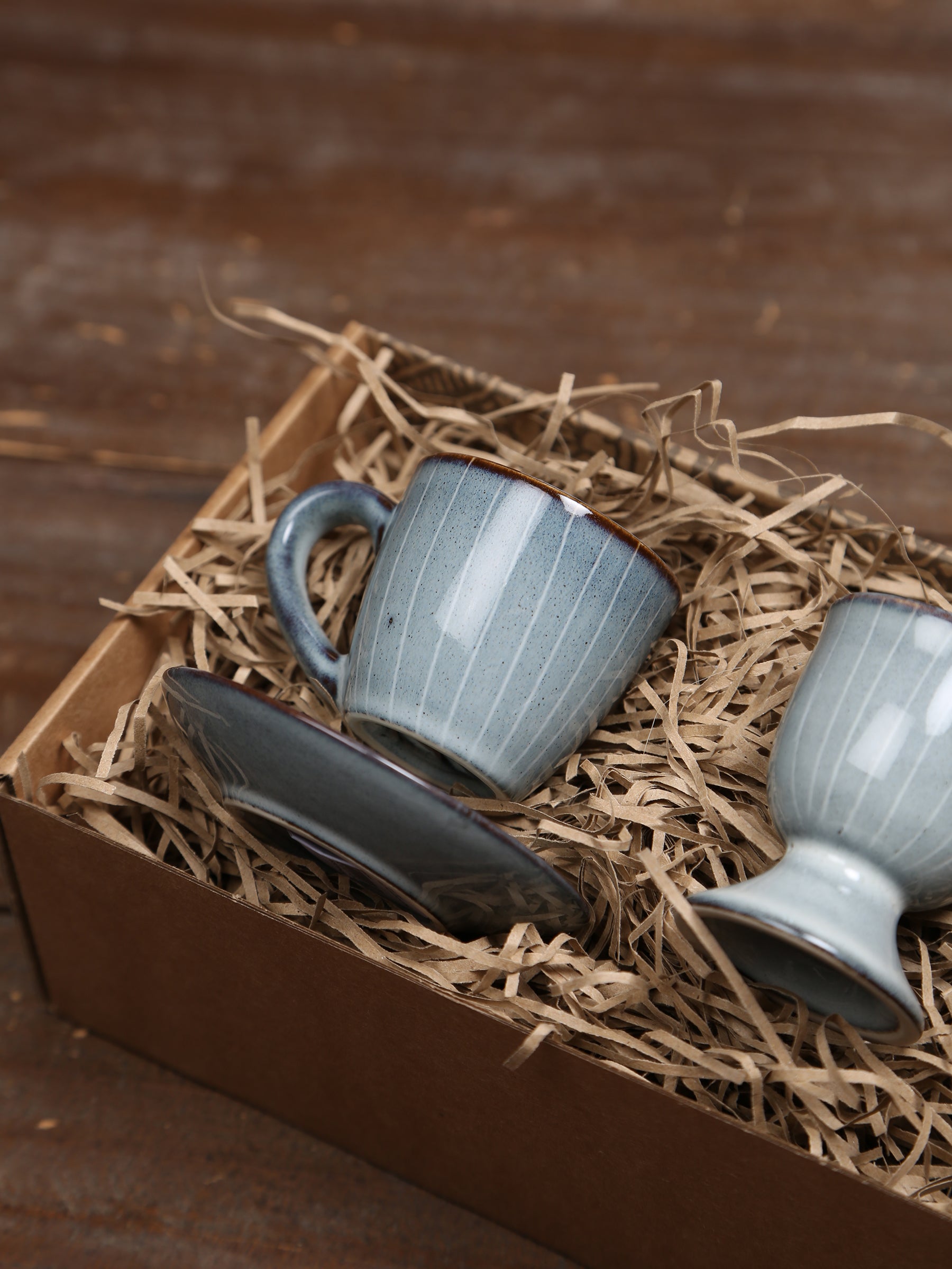 Broste Egg Cup &amp; Espresso Cup &amp; Saucer Set  - Nordic Sea