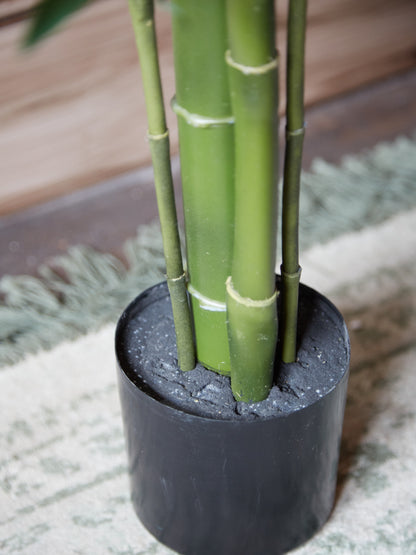 Green Faux Bamboo Palm Tree in Small Black Pot