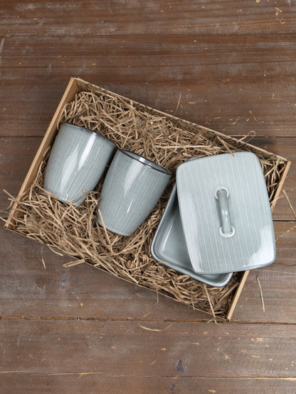 Broste Butter Dish &amp; 2 Mug Set - 2 Colours Available