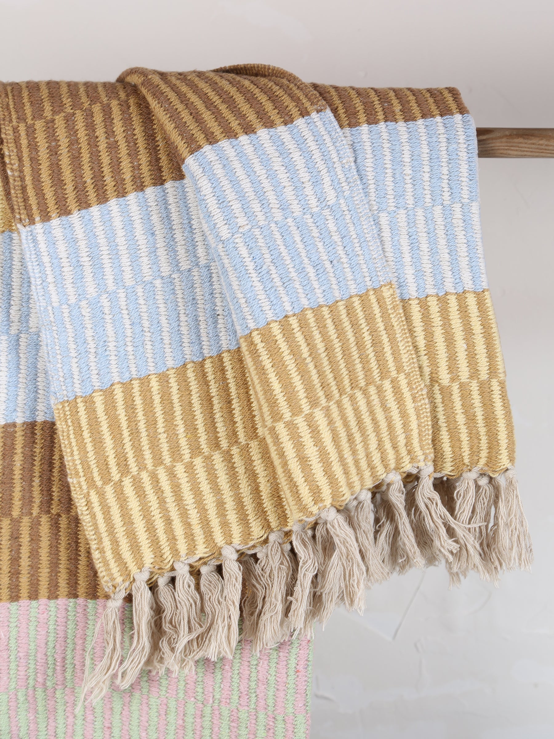 Isnel Throw  - Recycled Cotton - Striped Pale blue, Warm Ochre