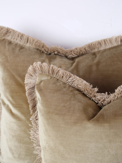 Elodie Velvet Fringed Cushion - Dusty Olive - 2 Sizes Available