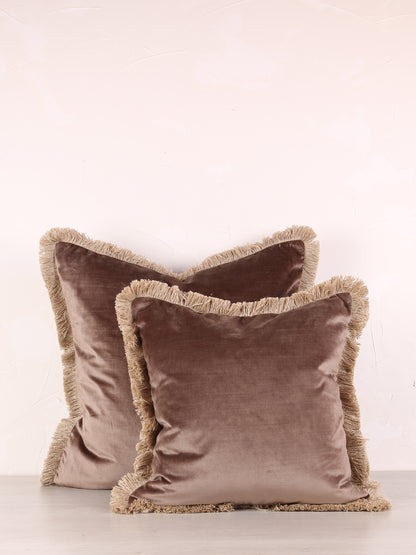 Elodie Velvet Fringed Cushion - Cappuccino - 2 Sizes Available