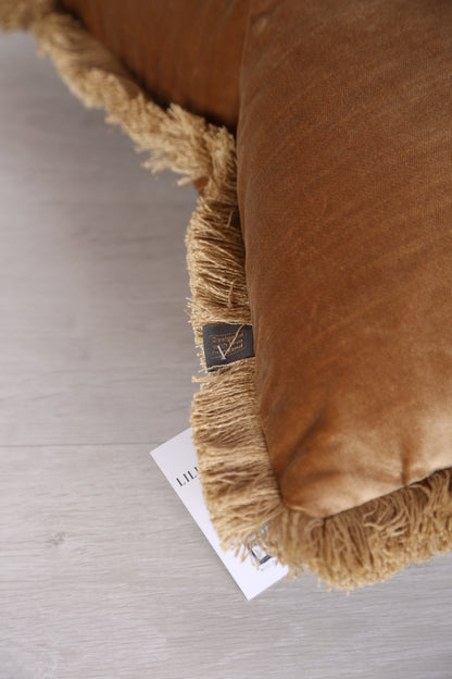 Elodie Velvet Fringed Cushion - Antique Gold- 55x55cm