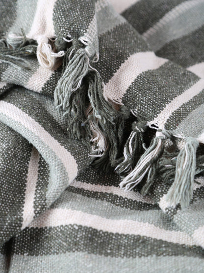 Lightweight Recycled Cotton Throw - Striped Green