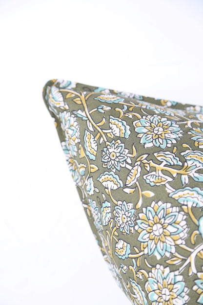 Auntal Block Print Inspired Cushion - Olive, Aloe