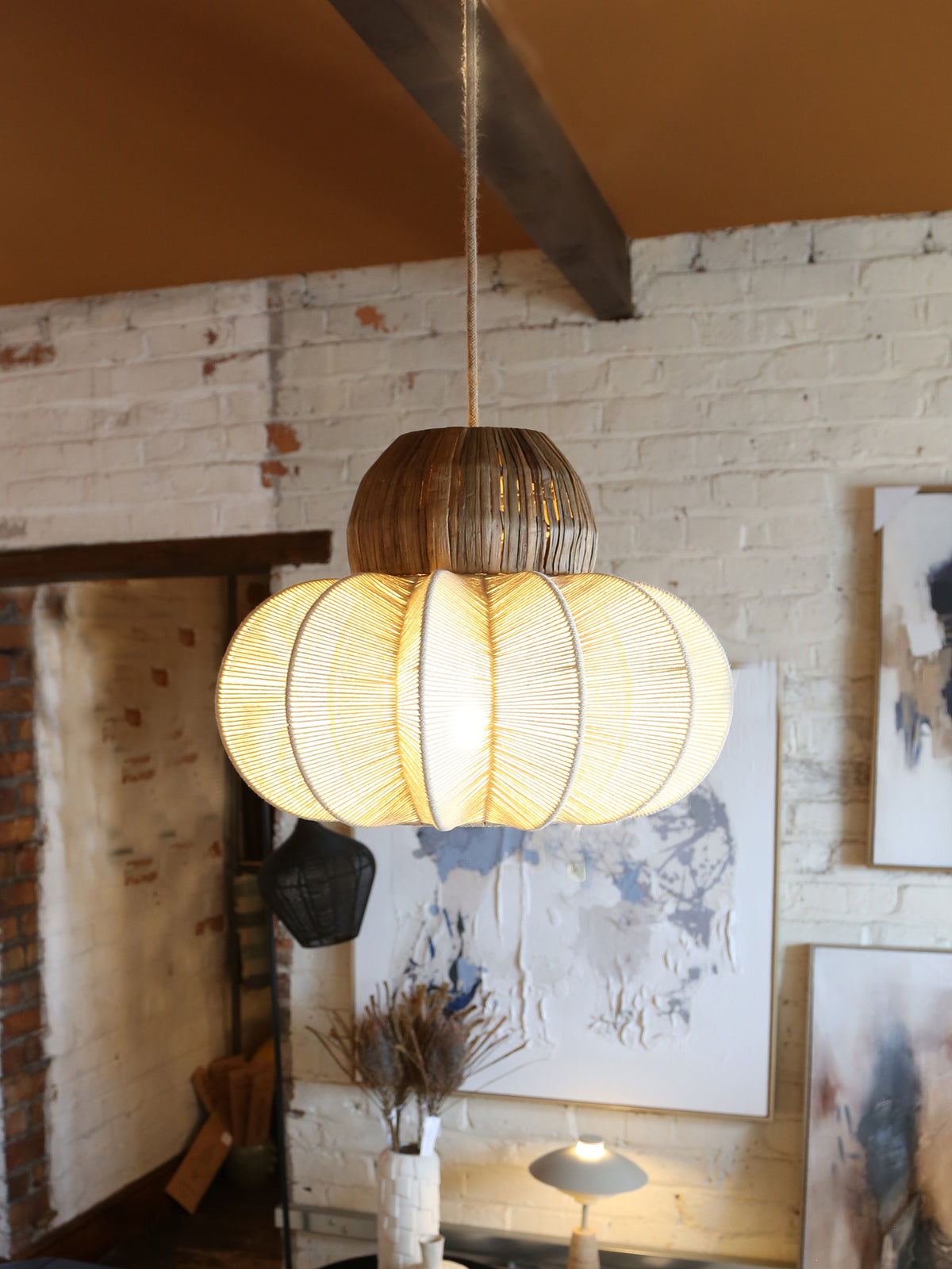 Rattan Ceiling Light with Linen