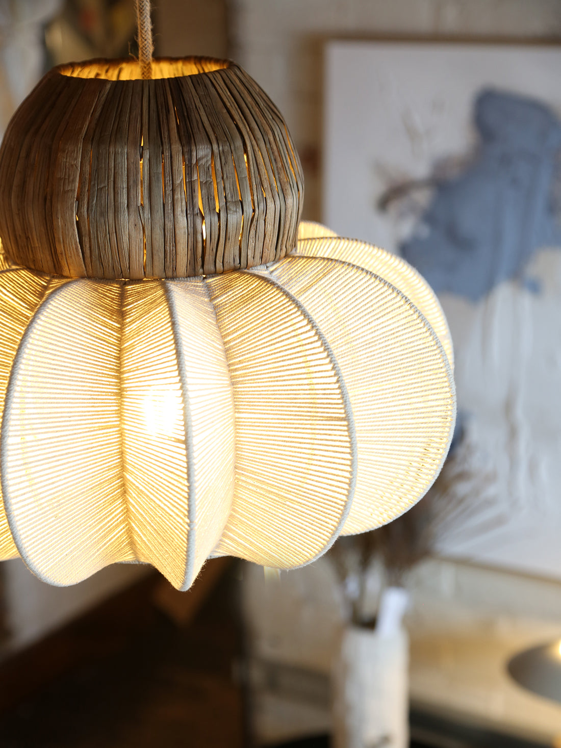 Rattan Ceiling Light with Linen