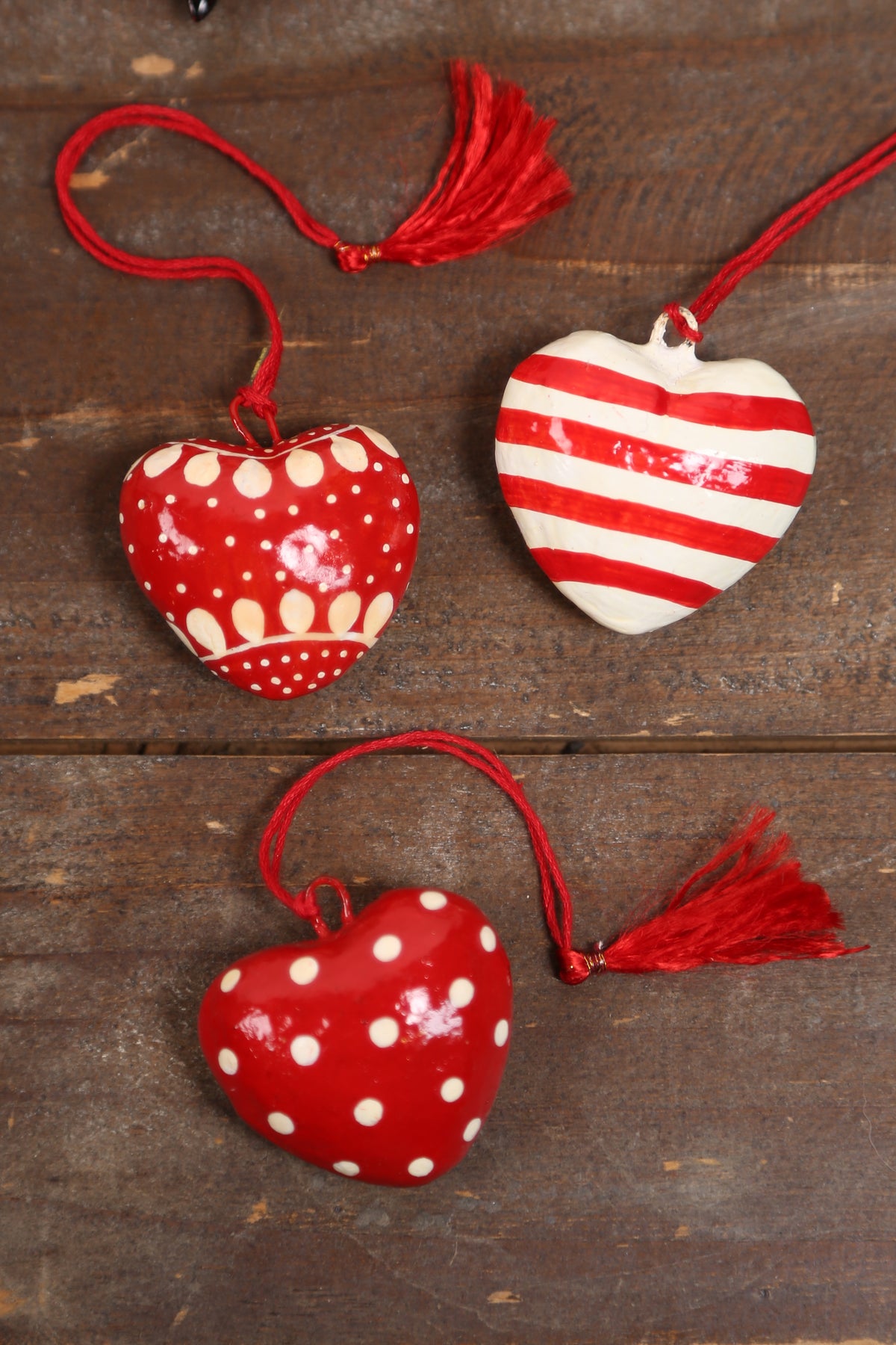 Handmade Paper Mache Christmas Hearts - Set Of 3