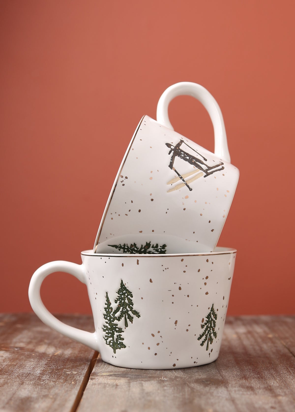 Skiing Motif Stoneware Mug - Set of 2