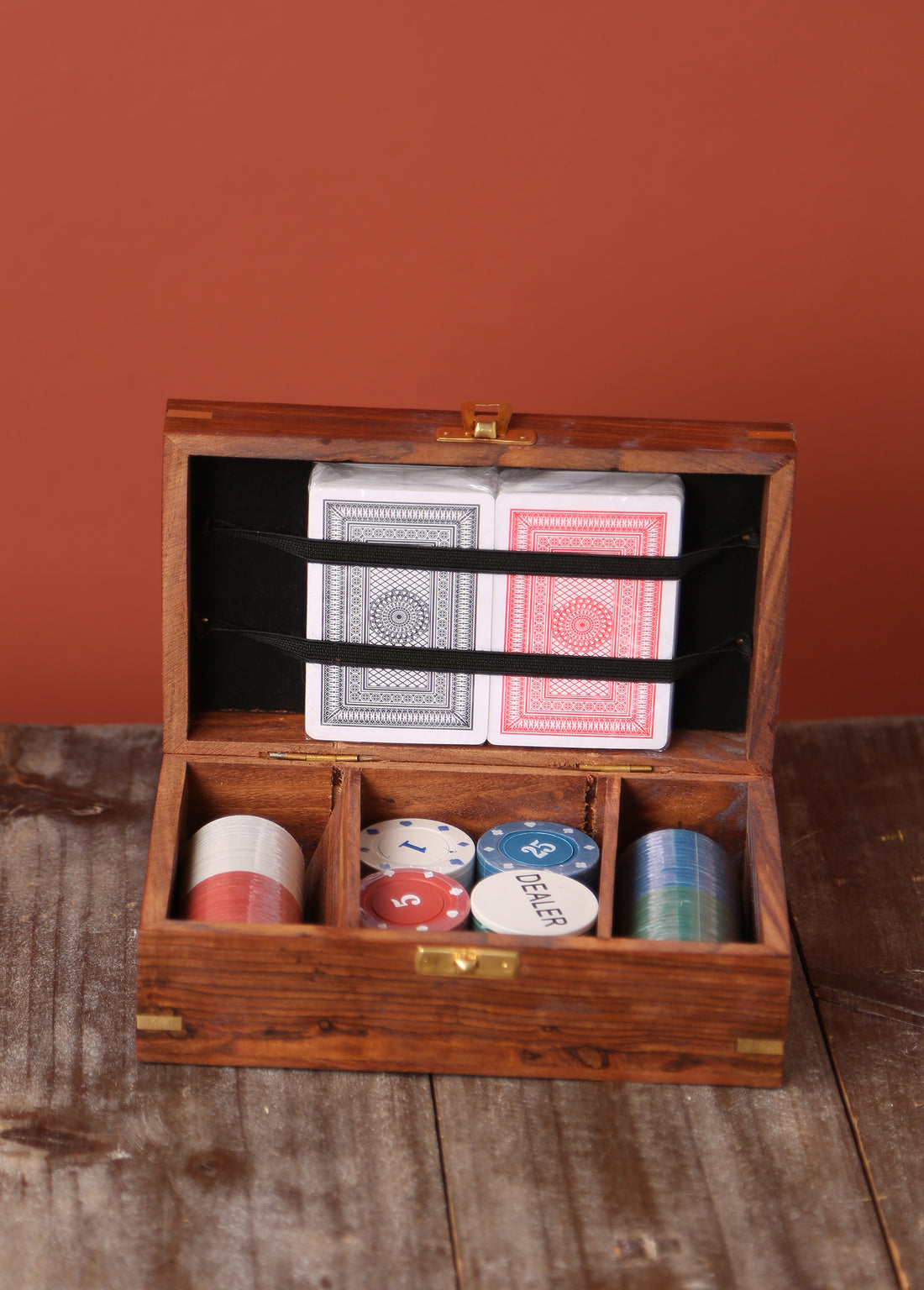 Wooden, Brass Poker Set – Classic Card Game