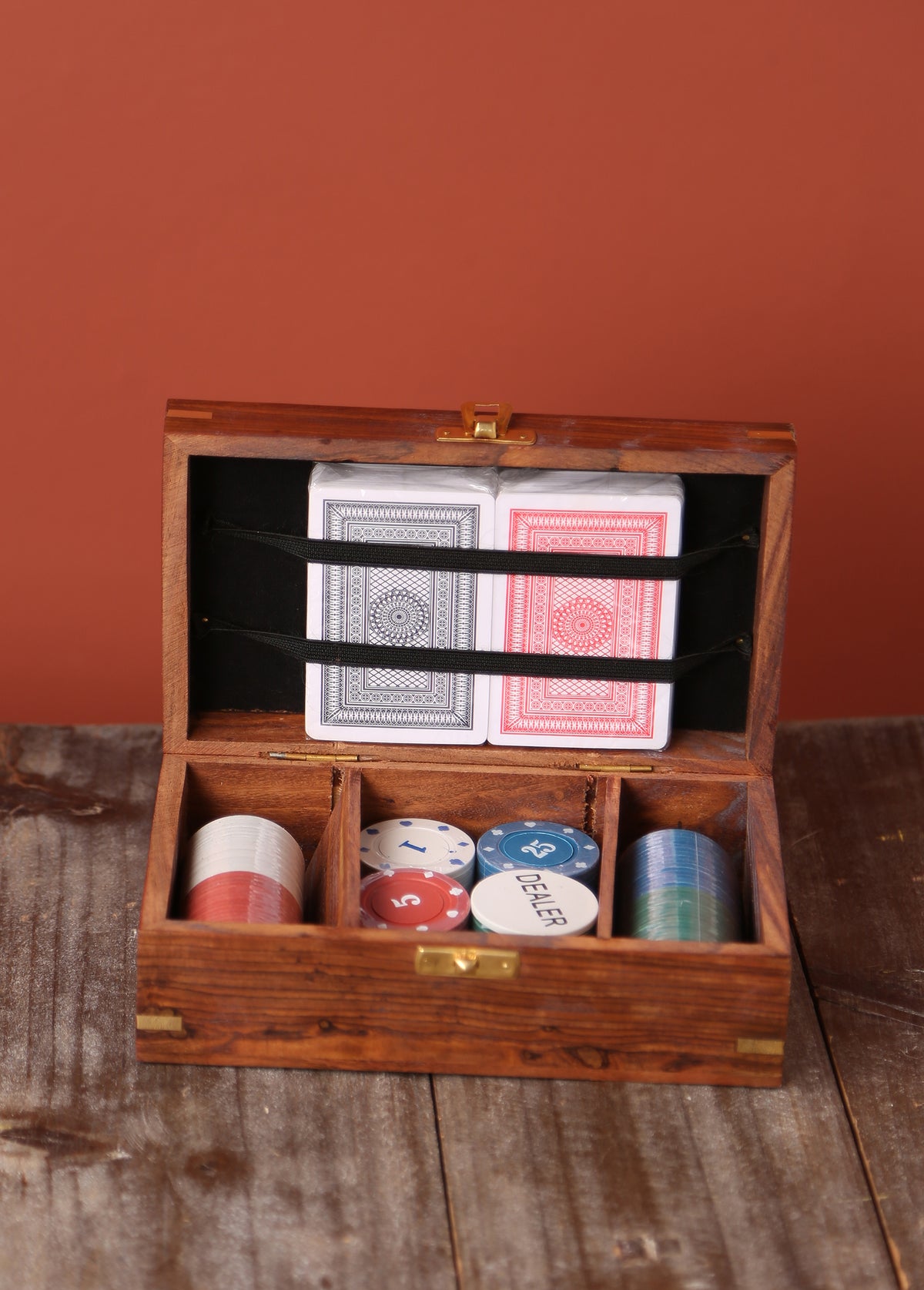 Wooden, Brass Poker Set – Classic Card Game