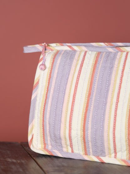 Striped Quilted Cotton Small Washbag - Lilac, Cream