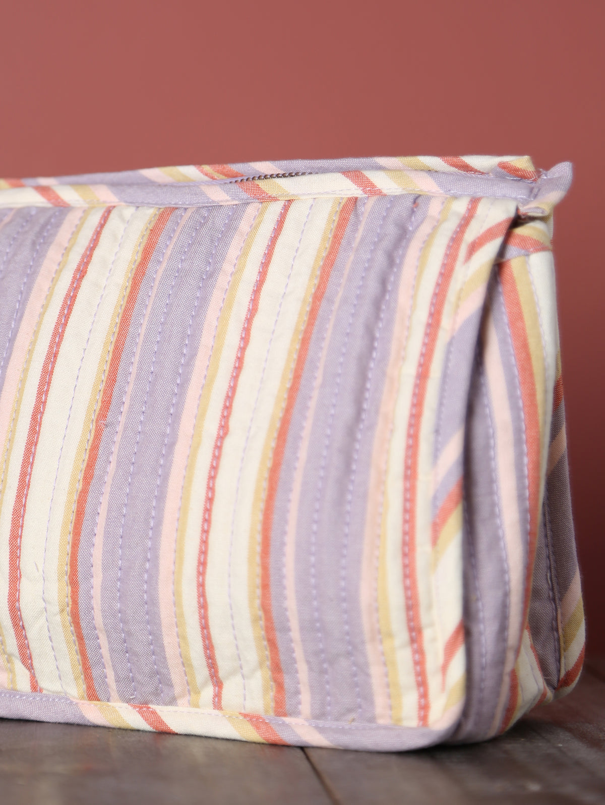 Striped Quilted Cotton Small Washbag - Lilac, Cream