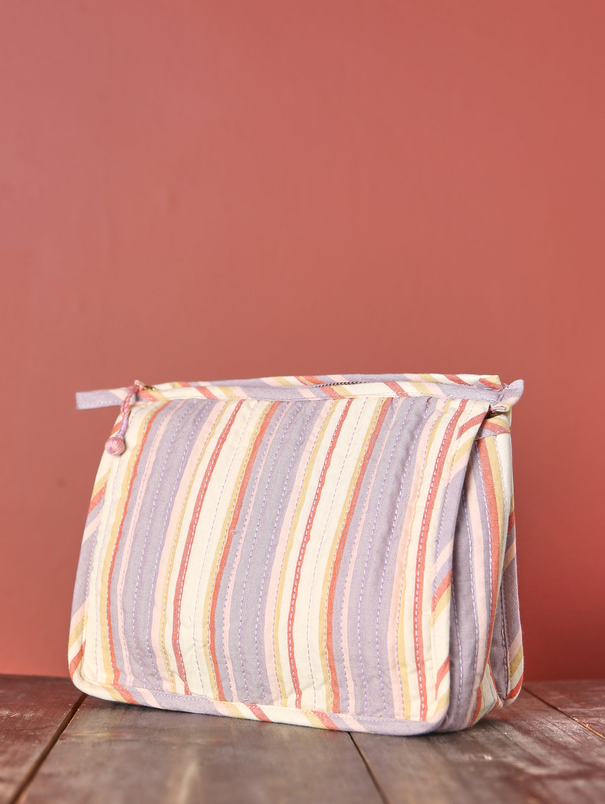 Striped Quilted Cotton Small Washbag - Lilac, Cream