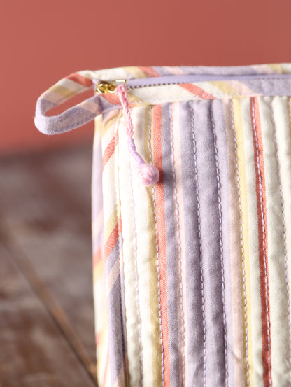 Striped Quilted Cotton Small Washbag - Lilac, Cream