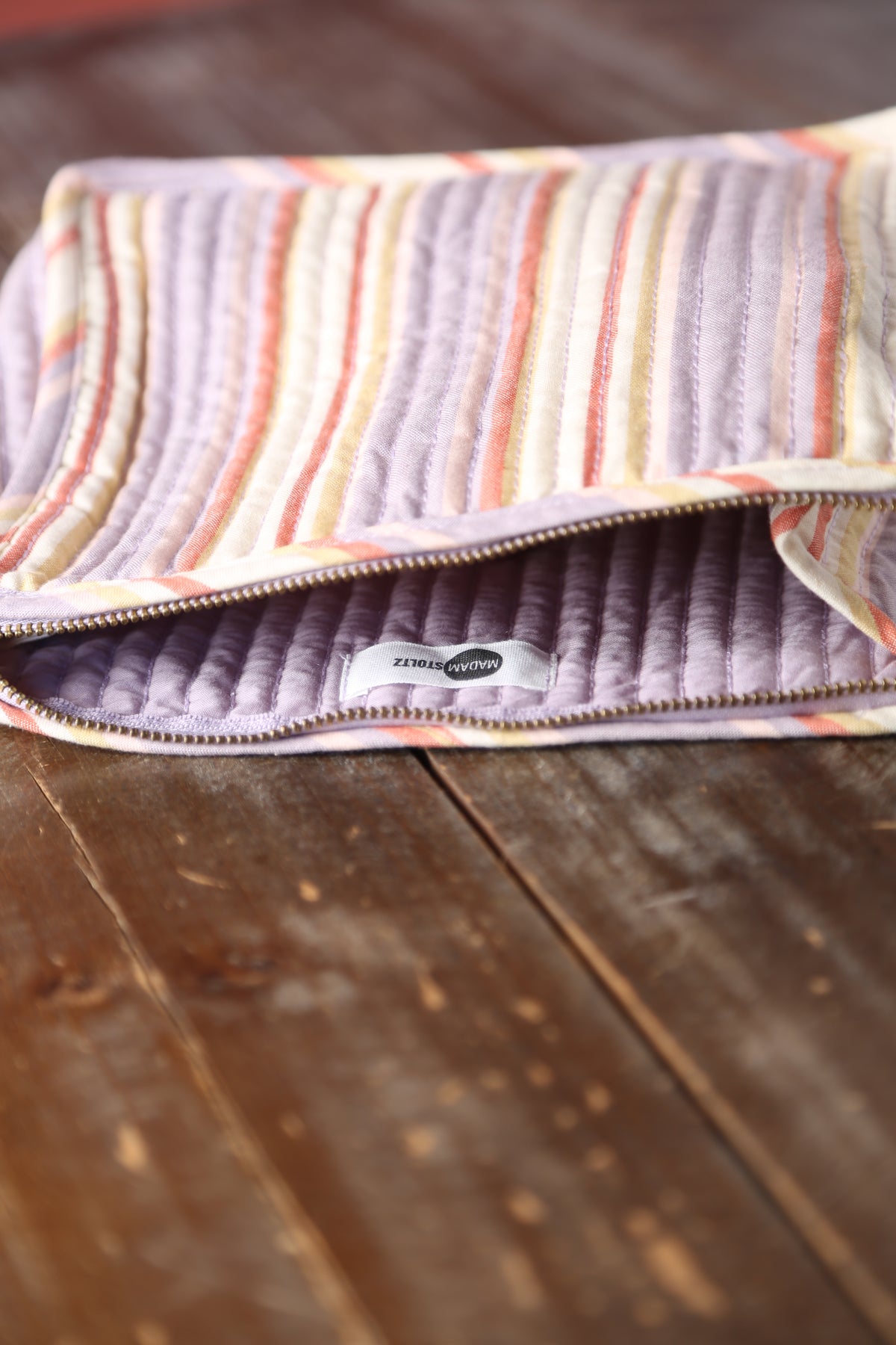 Striped Quilted Cotton Small Washbag - Lilac, Cream