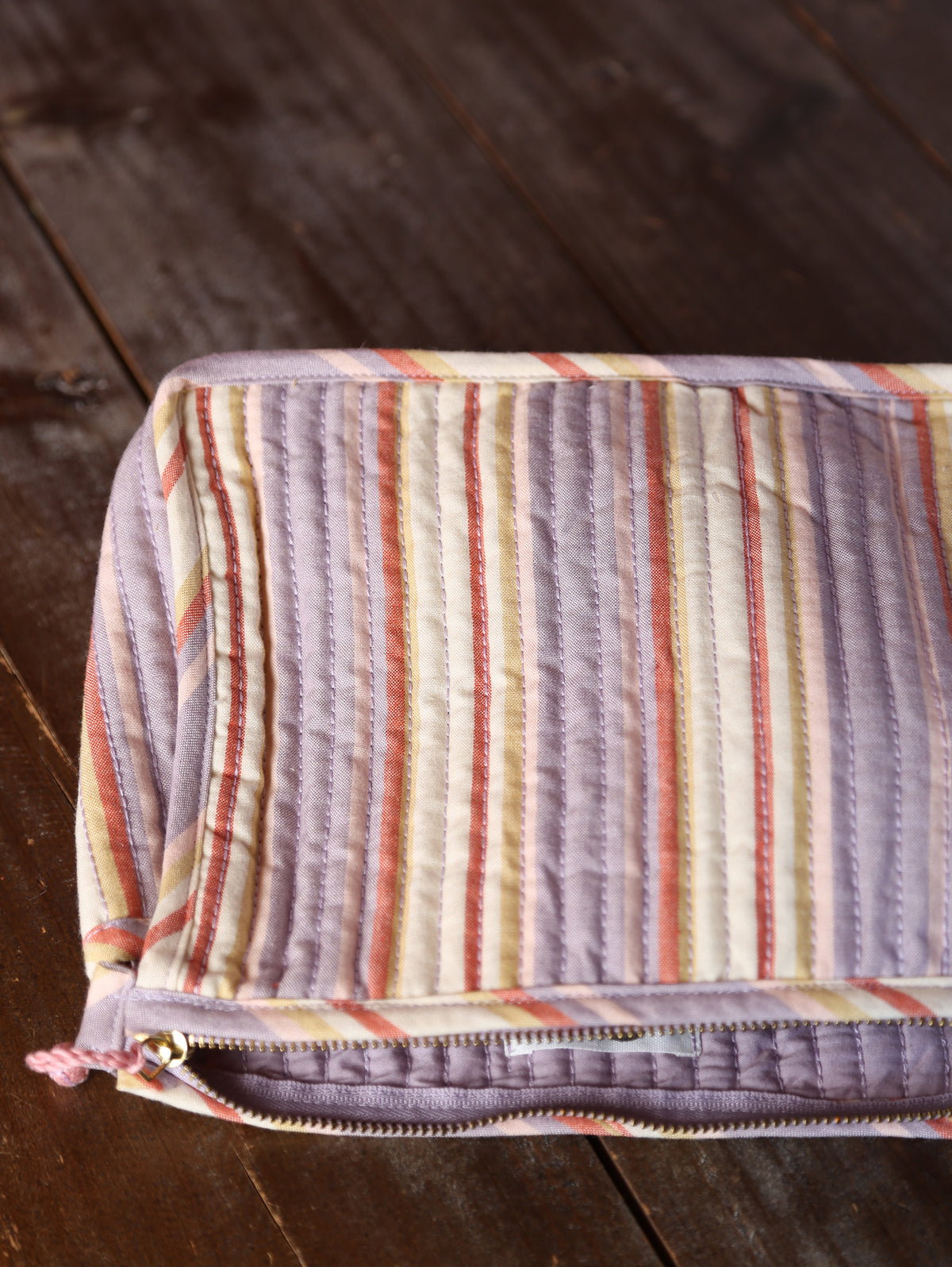 Striped Quilted Cotton Small Washbag - Lilac, Cream