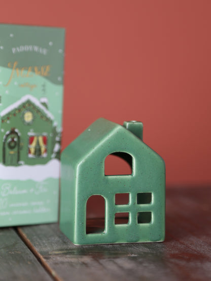 Ceramic Village Incense Holder - Green Cottage - Balsam &amp; Fir