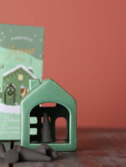 Ceramic Village Incense Holder - Green Cottage - Balsam &amp; Fir