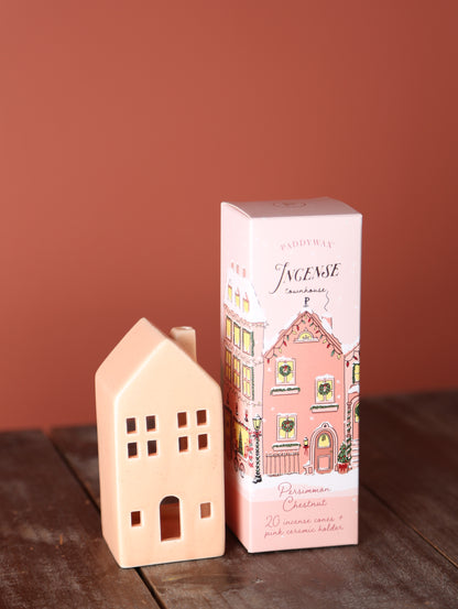 Ceramic Village Incense Holder - Pink Townhouse - Persimmon Chestnut
