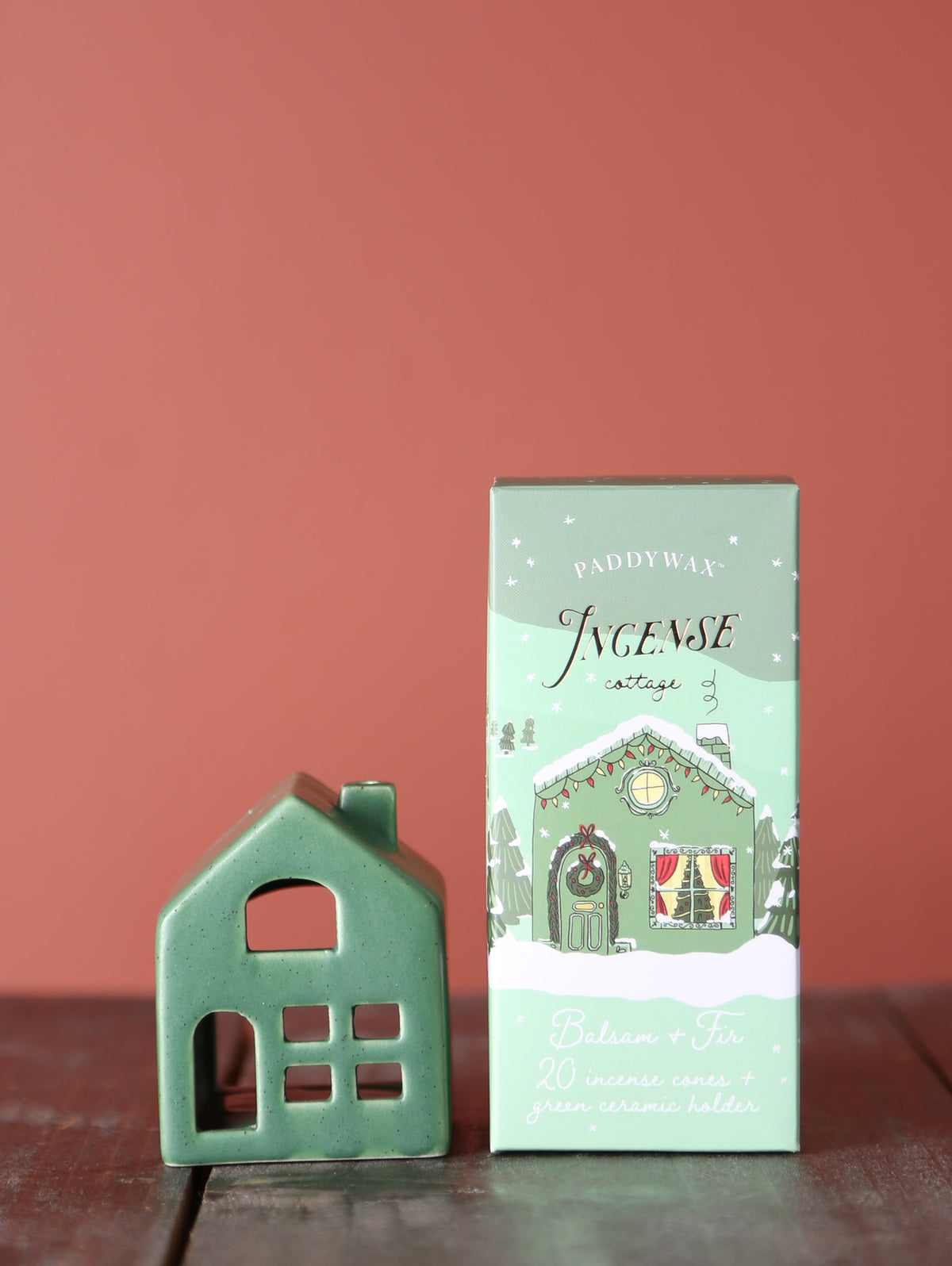 Ceramic Village Incense Holder - Green Cottage - Balsam &amp; Fir