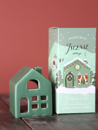 Ceramic Village Incense Holder - Green Cottage - Balsam &amp; Fir